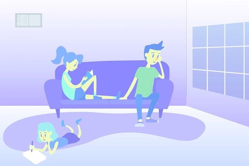 Image of a family sitting in their living room. Video - Keep Clean Air During Your Time at Home.